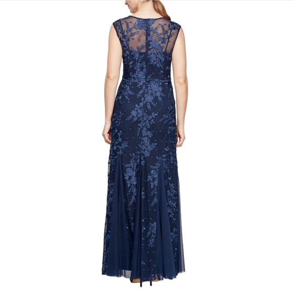 NEW $219 Alex Evenings [ 14 ] Illusion Neck Lace Embroider Godet Gown Navy‎ - Picture 12 of 13